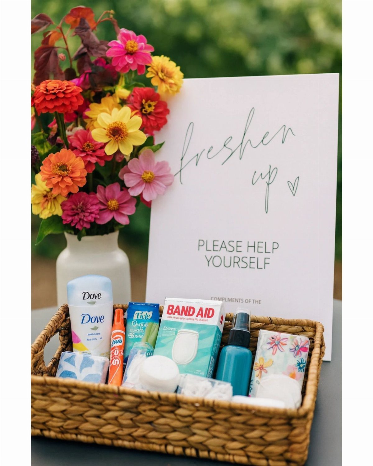 Woven basket of toiletries including Band-Aids, deodorant, and spray next to colorful flowers.