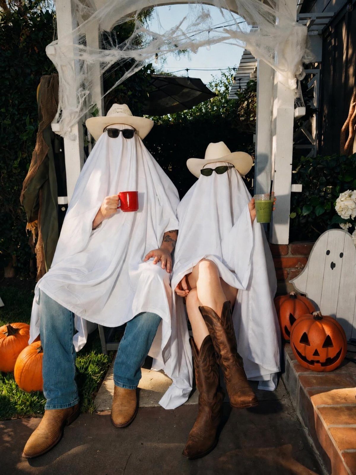 Two people in ghost costumes wearing cowboy hats and sunglasses sitting with pumpkins.