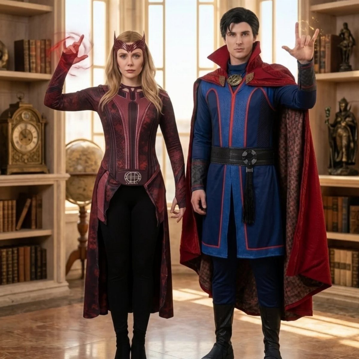 Woman in Scarlet Witch costume and man in Doctor Strange costume posing together.