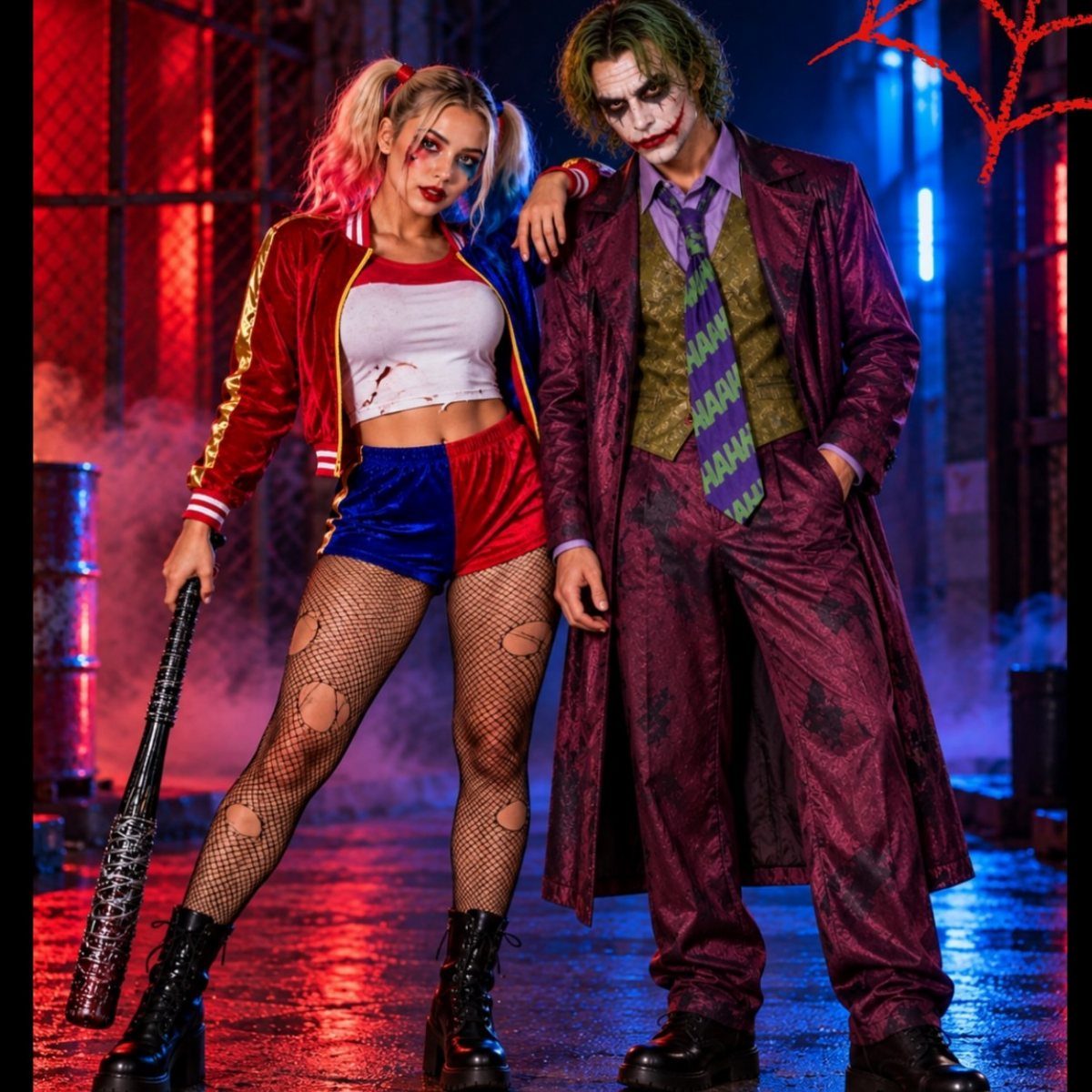 Harley Quinn and the Joker posing in costume in a dark city alleyway