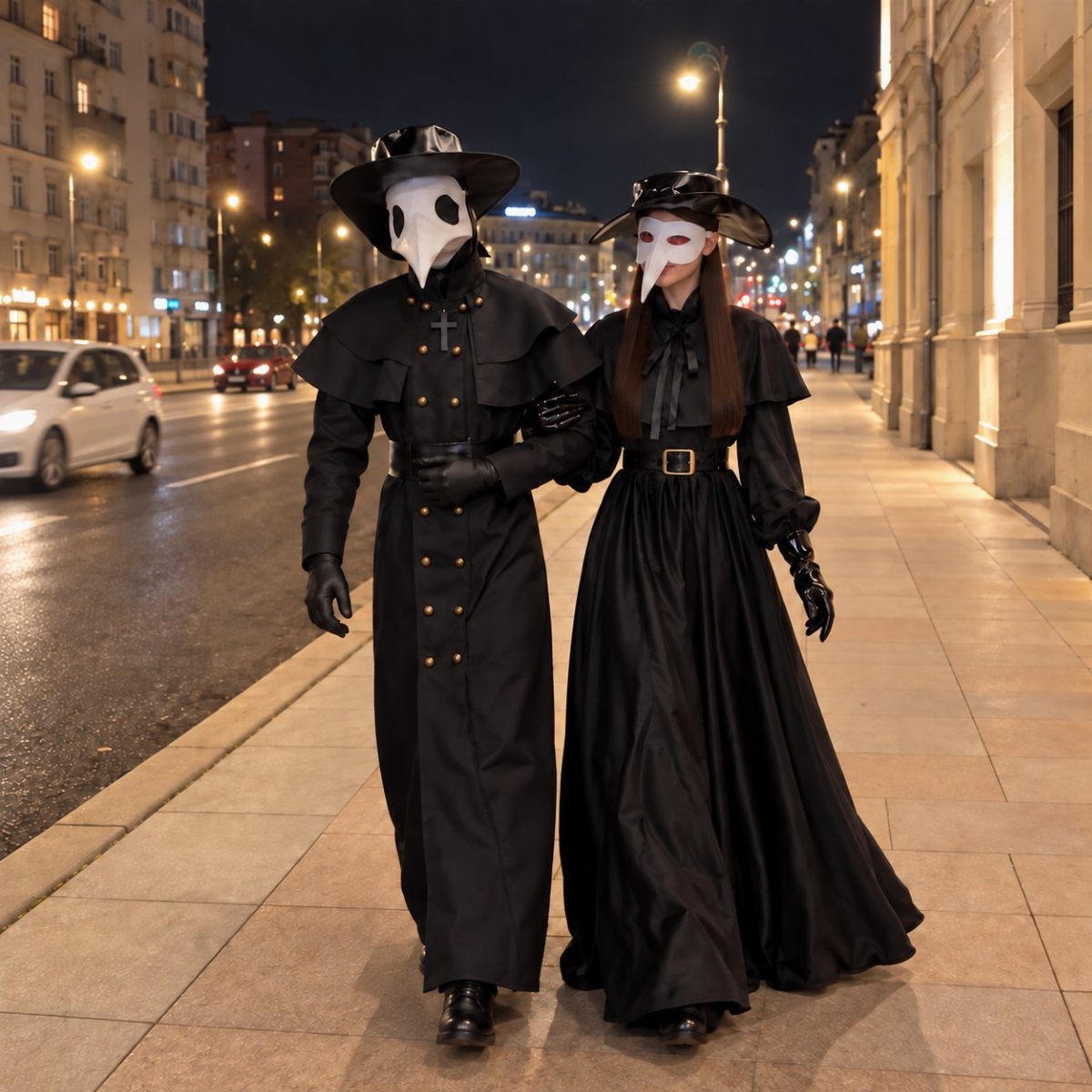 Couple in black gothic plague doctor costumes walking on a city street at night