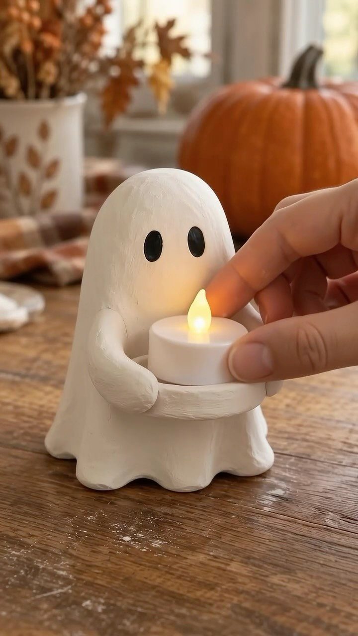 White ceramic ghost figurine holding a glowing tea light candle on wooden table