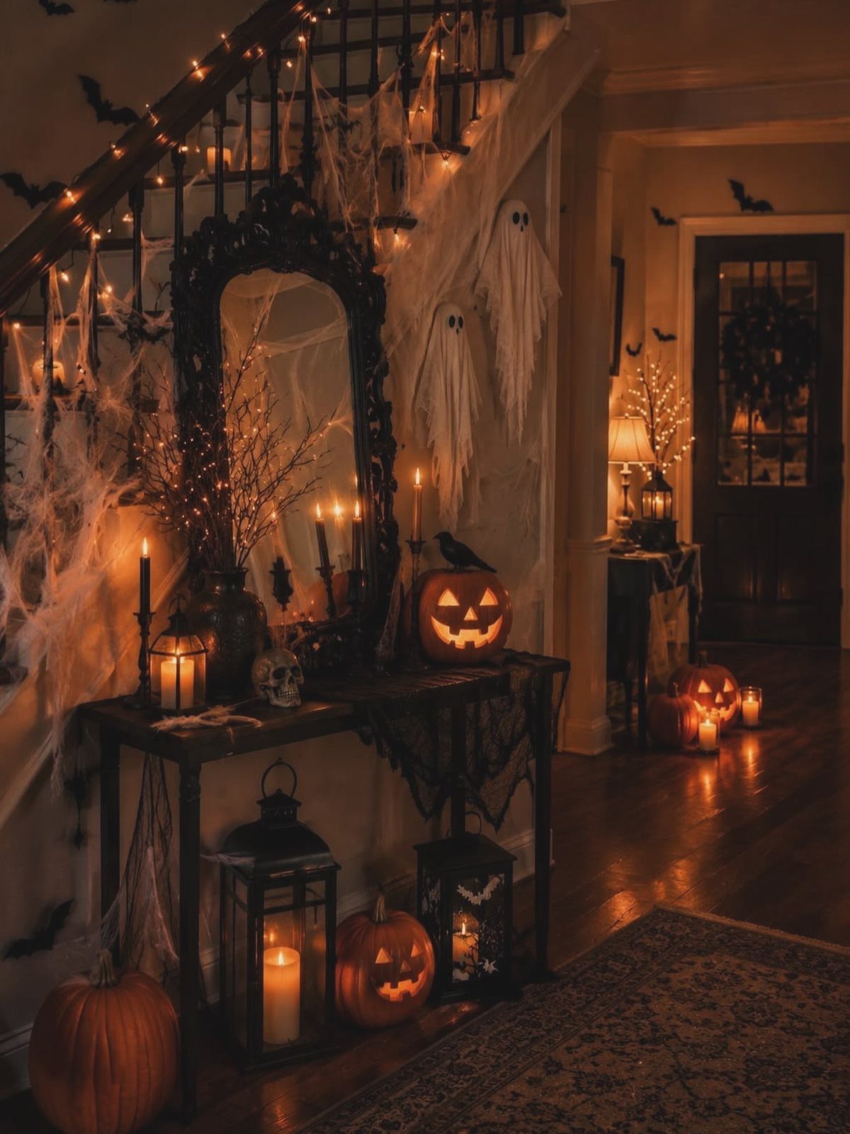 Halloween decorated hallway with pumpkins, lanterns, and spiderwebs near a staircase and mirror.