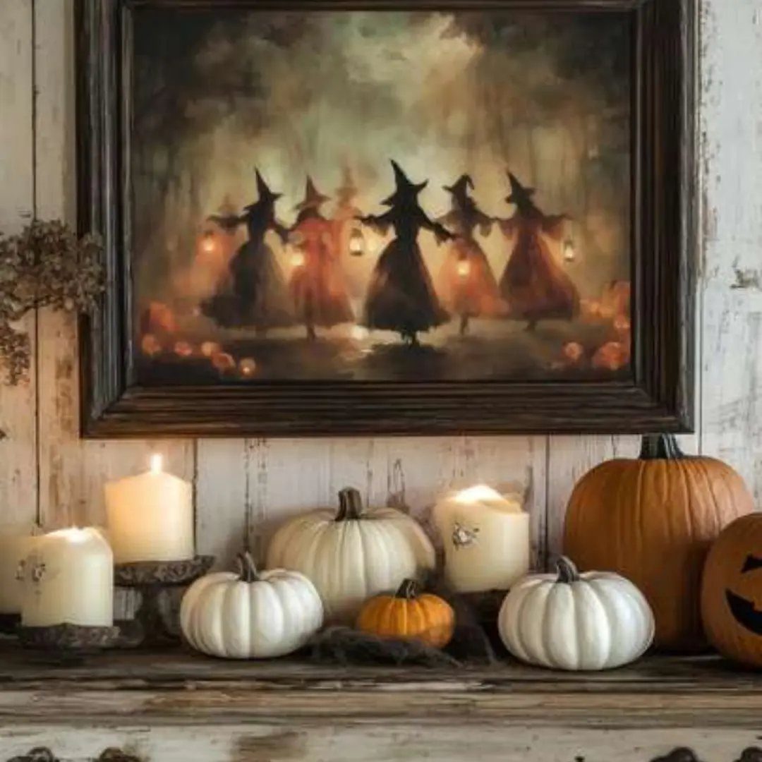 Framed painting of witches above white pumpkins and lit candles on a shelf