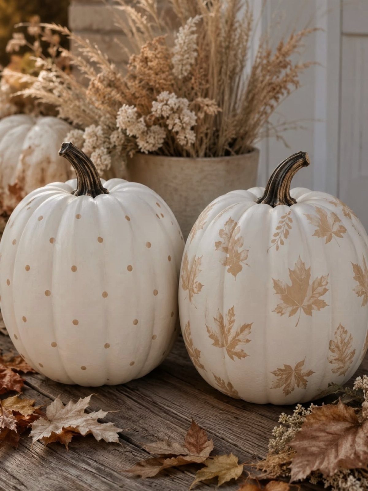 White painted pumpkins with gold dots and leaves on a rustic wooden table.