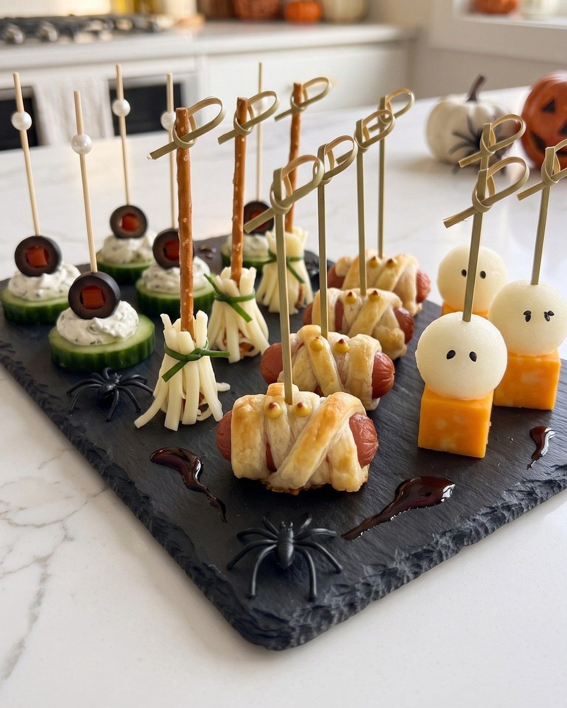 Halloween appetizers including cheesy ghosts, mummy dogs, and cucumber bites on a slate platter.