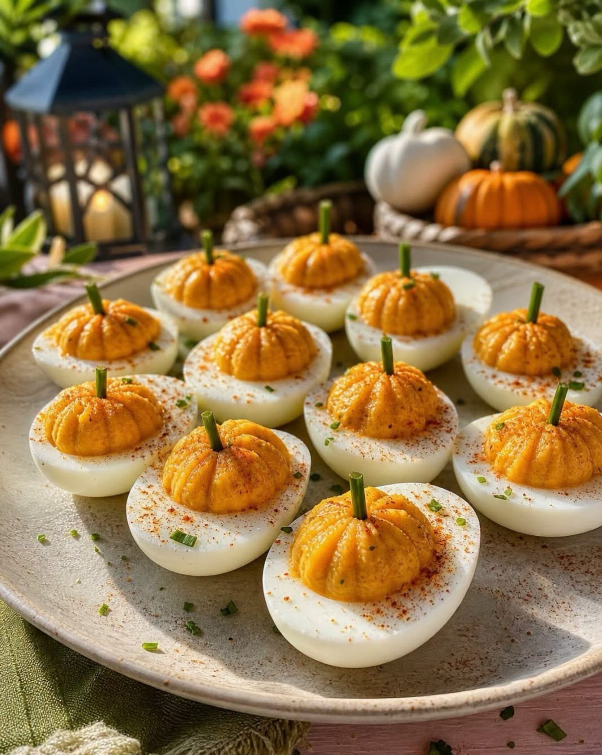 Pumpkin shaped deviled eggs on a plate in a sunny garden setting.