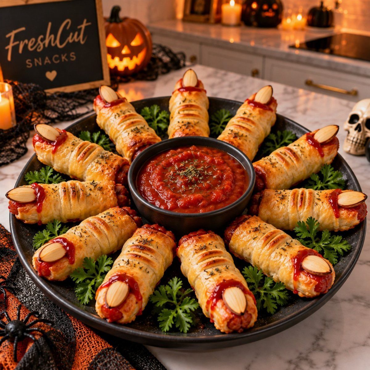 Finger-shaped breadsticks with almond nails arranged around a red dipping sauce bowl.