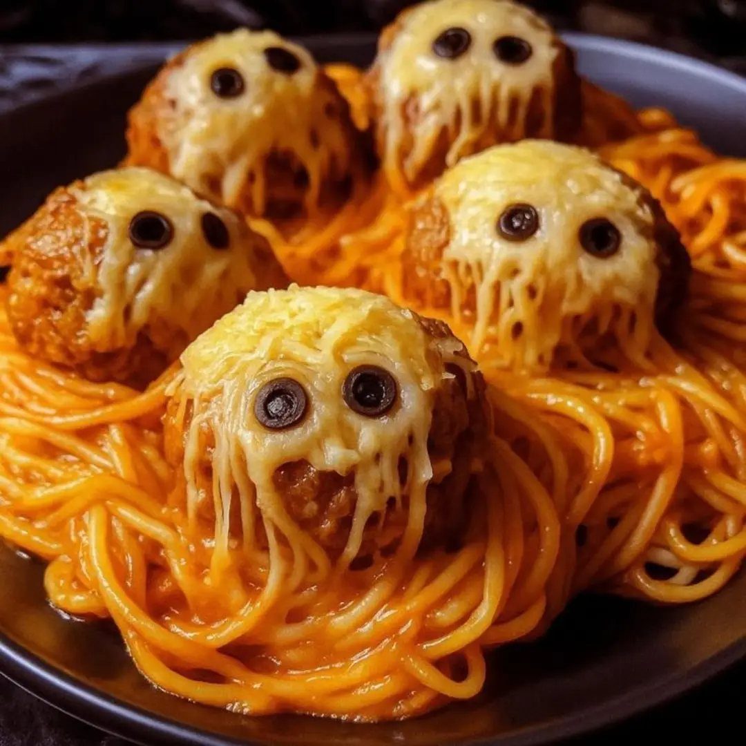 Orange spaghetti with meatballs decorated as spooky eyeballs using melted cheese and olives.