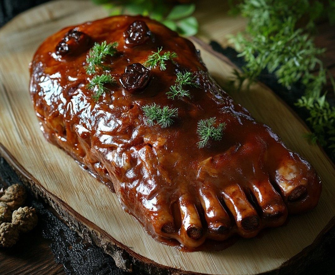 Foot shaped meatloaf with brown glaze and herbs on a wooden platter