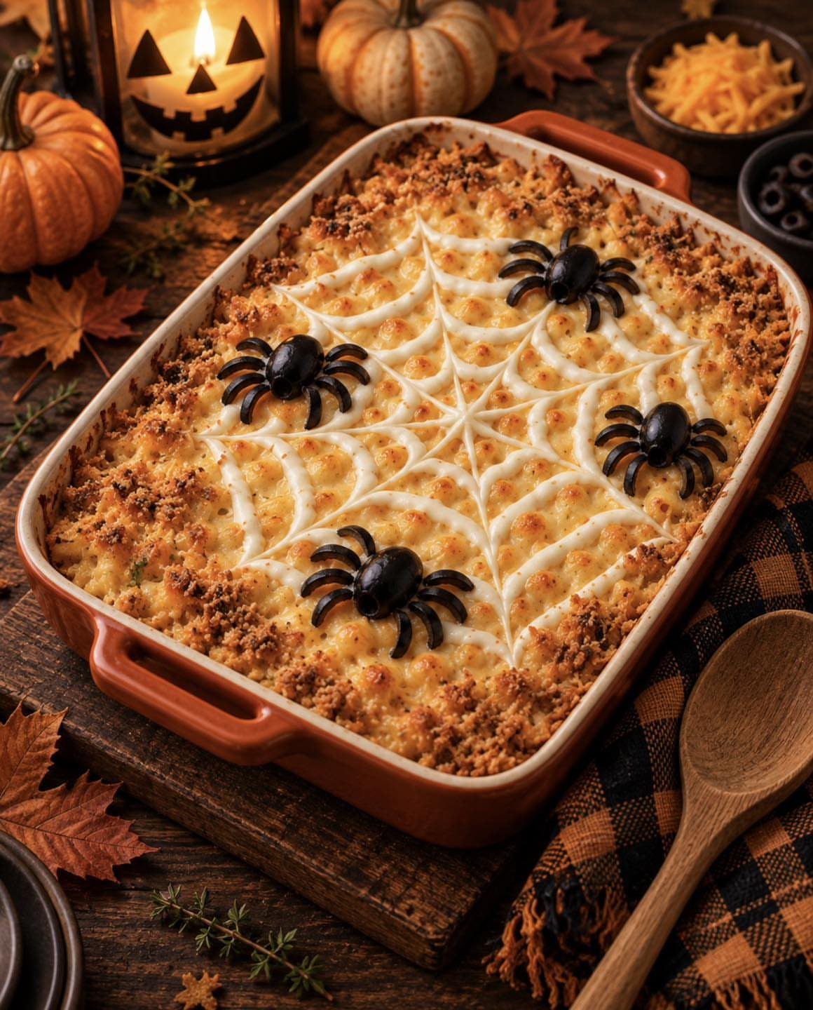 Baked macaroni and cheese with a cream spiderweb and black spiders on top.