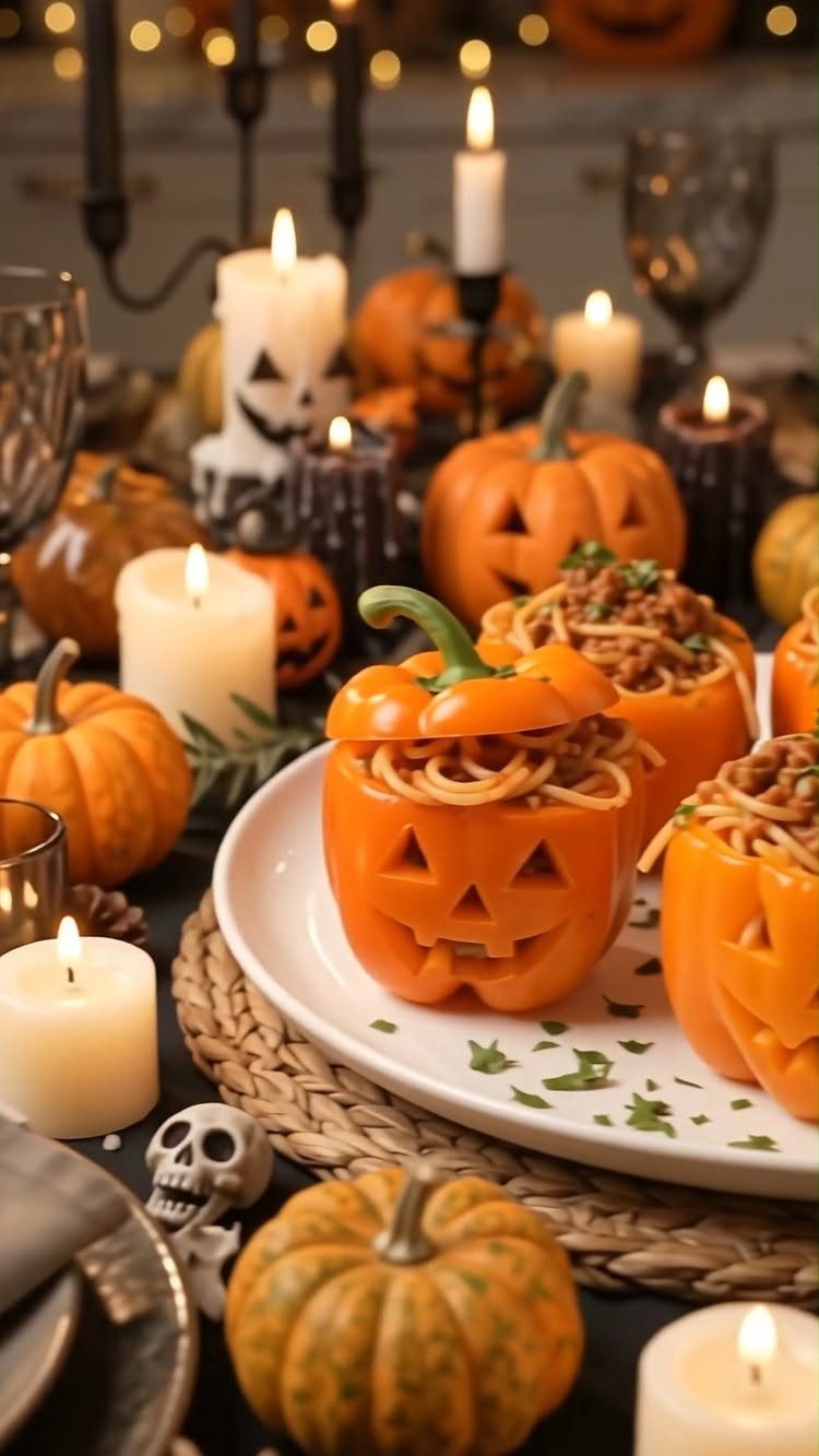 Carved orange bell pepper jack-o'-lanterns filled with spaghetti and meat sauce on a plate.
