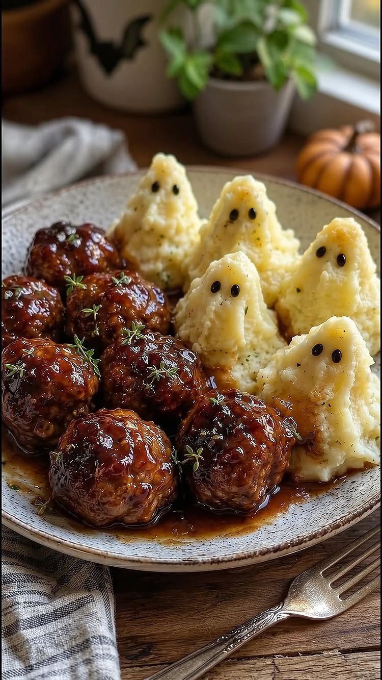 Glazed meatballs and mashed potato ghosts served on a plate for Halloween dinner.