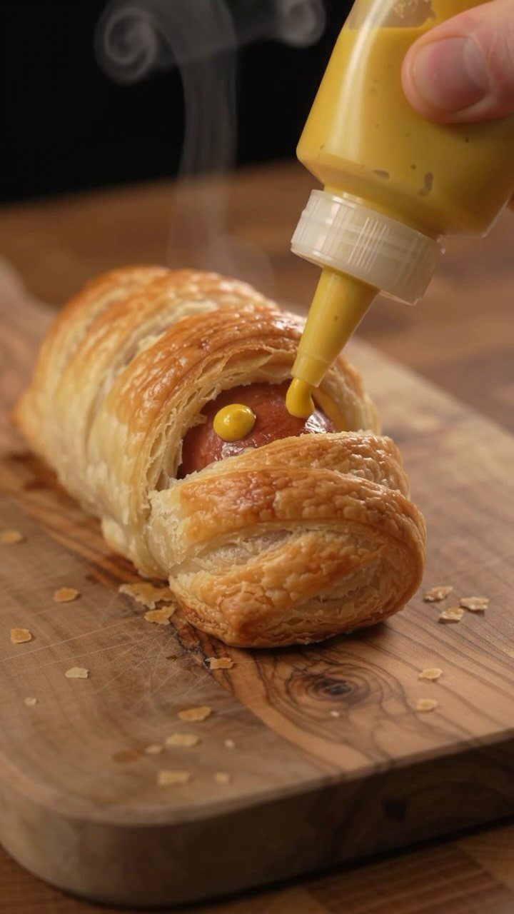Mummy hot dog wrapped in pastry being drizzled with yellow mustard on wood.