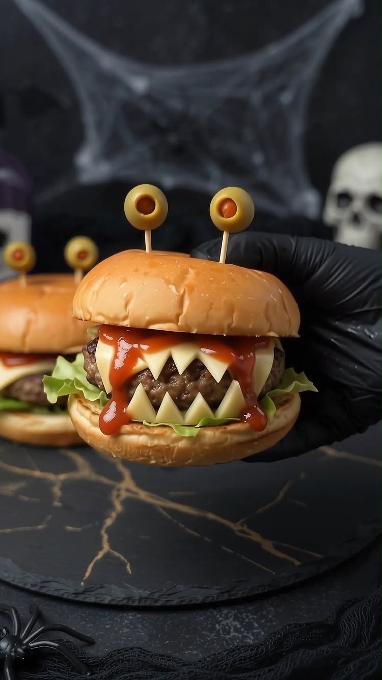 Monster burger with cheese teeth and olive eyes held by gloved hand.