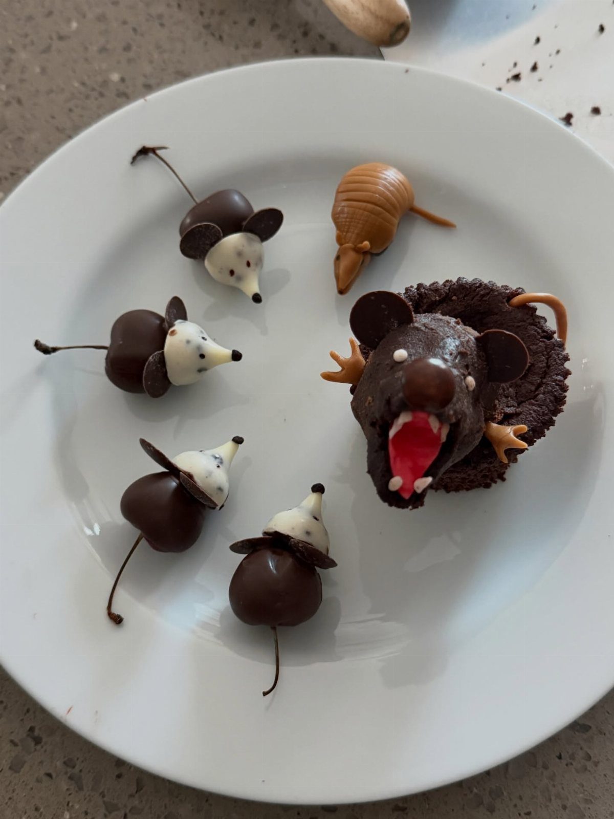 Chocolate-covered cherry mice and a chocolate larva arranged on a white ceramic plate.