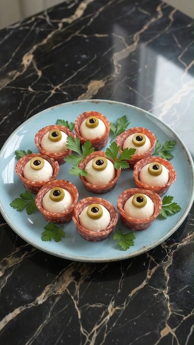 Salami cup tarts with mozzarella balls and olive slices resembling creepy eyeballs.