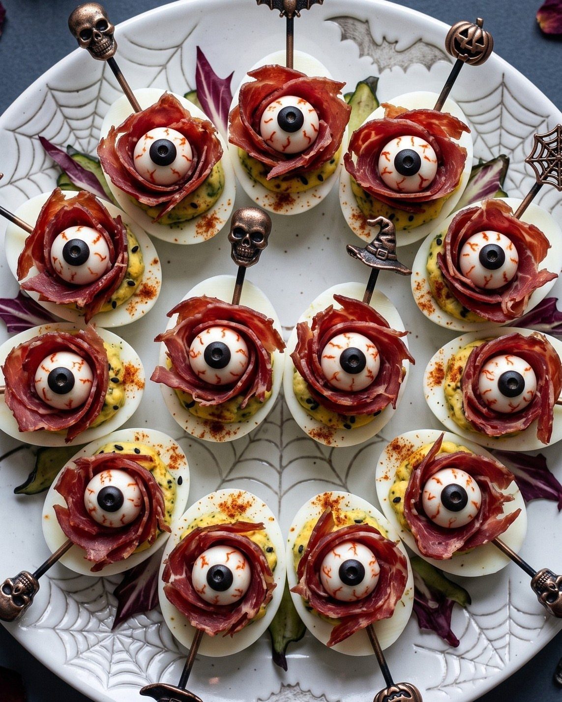 Deviled eggs decorated as bloodshot eyeballs on a white spiderweb plate.