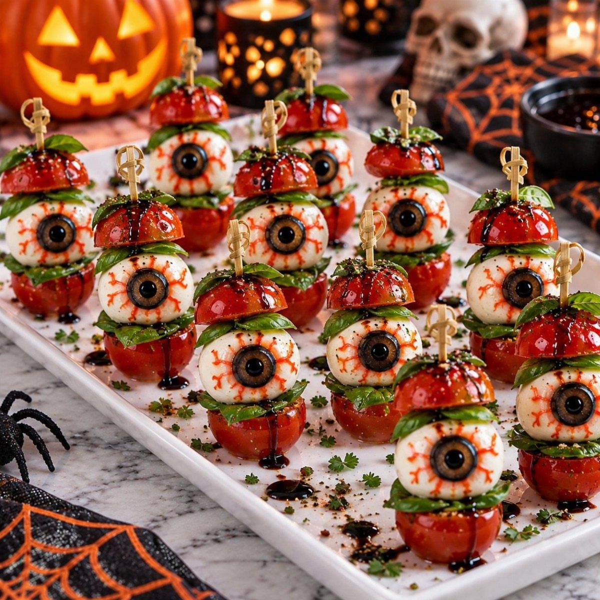 Caprese salad skewers with mozzarella eyeballs and cherry tomatoes on a spooky platter