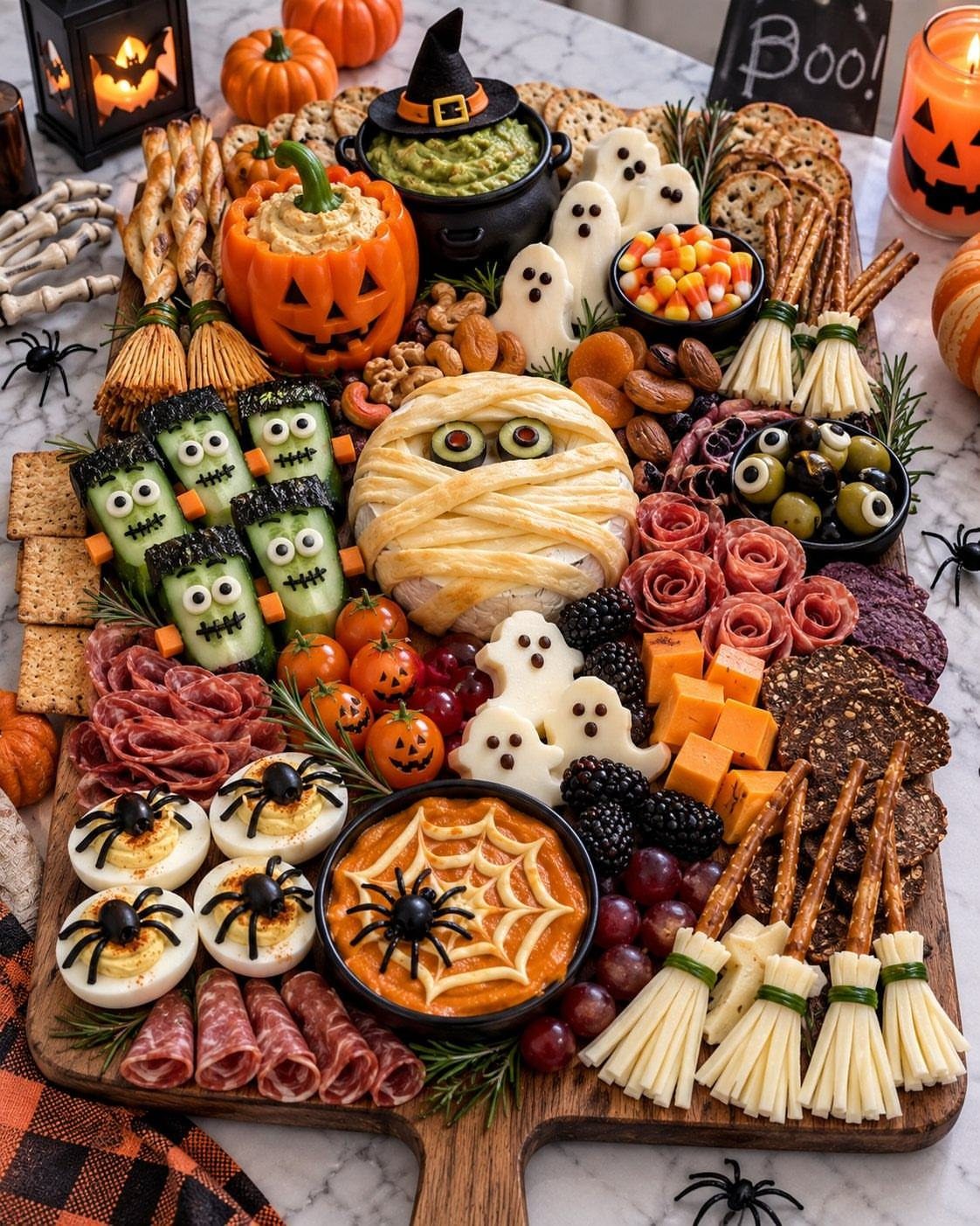 Halloween charcuterie board featuring a spider web dip and various spooky appetizers.
