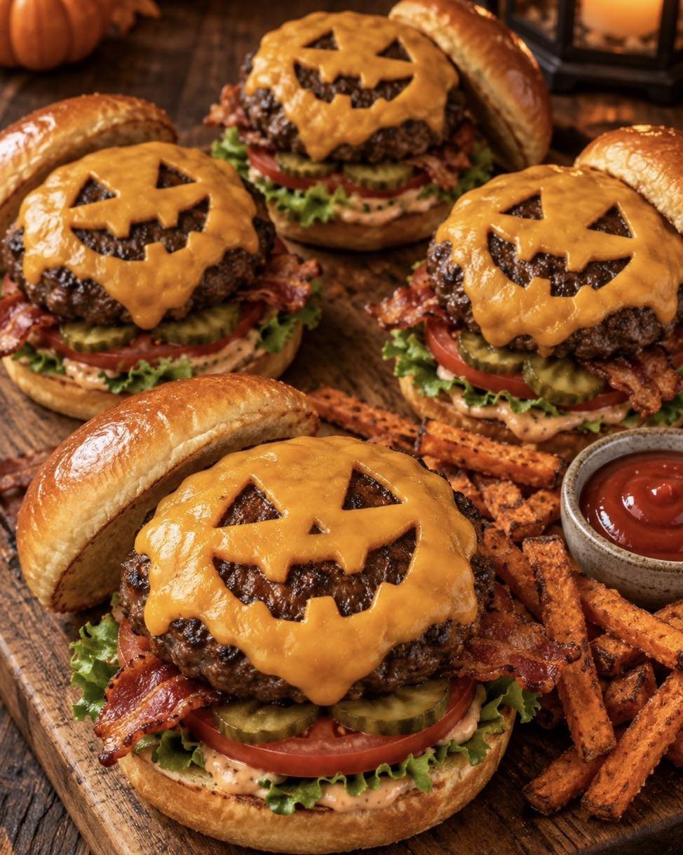 Halloween monster burgers with jack-o'-lantern cheese slices, bacon, and sweet potato fries.