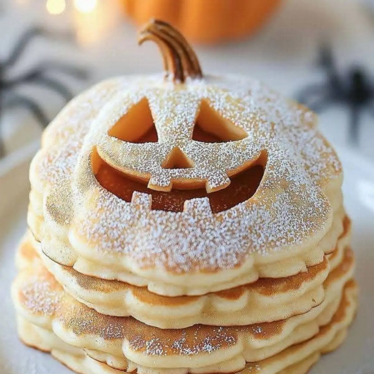 Stack of pumpkin-shaped pancakes with a jack-o'-lantern face and powdered sugar dusting.