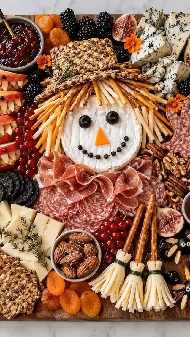 Scarecrow-themed snack board with brie cheese face, salami, fruits, and cheese brooms.