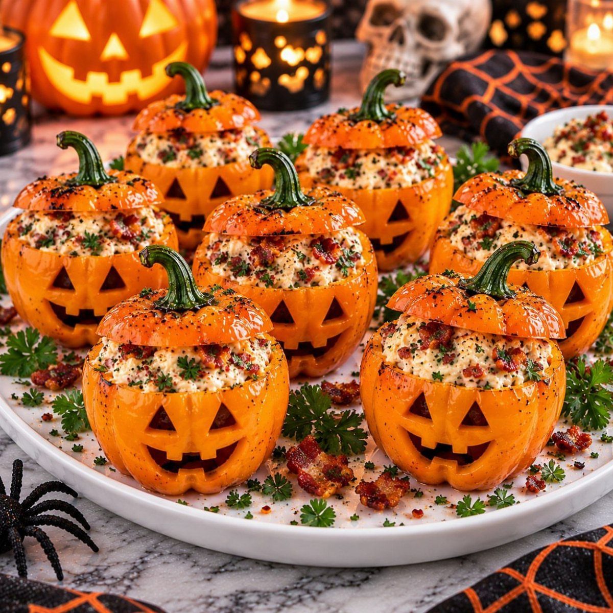 Stuffed orange bell peppers carved as jack-o'-lanterns on a white serving platter.