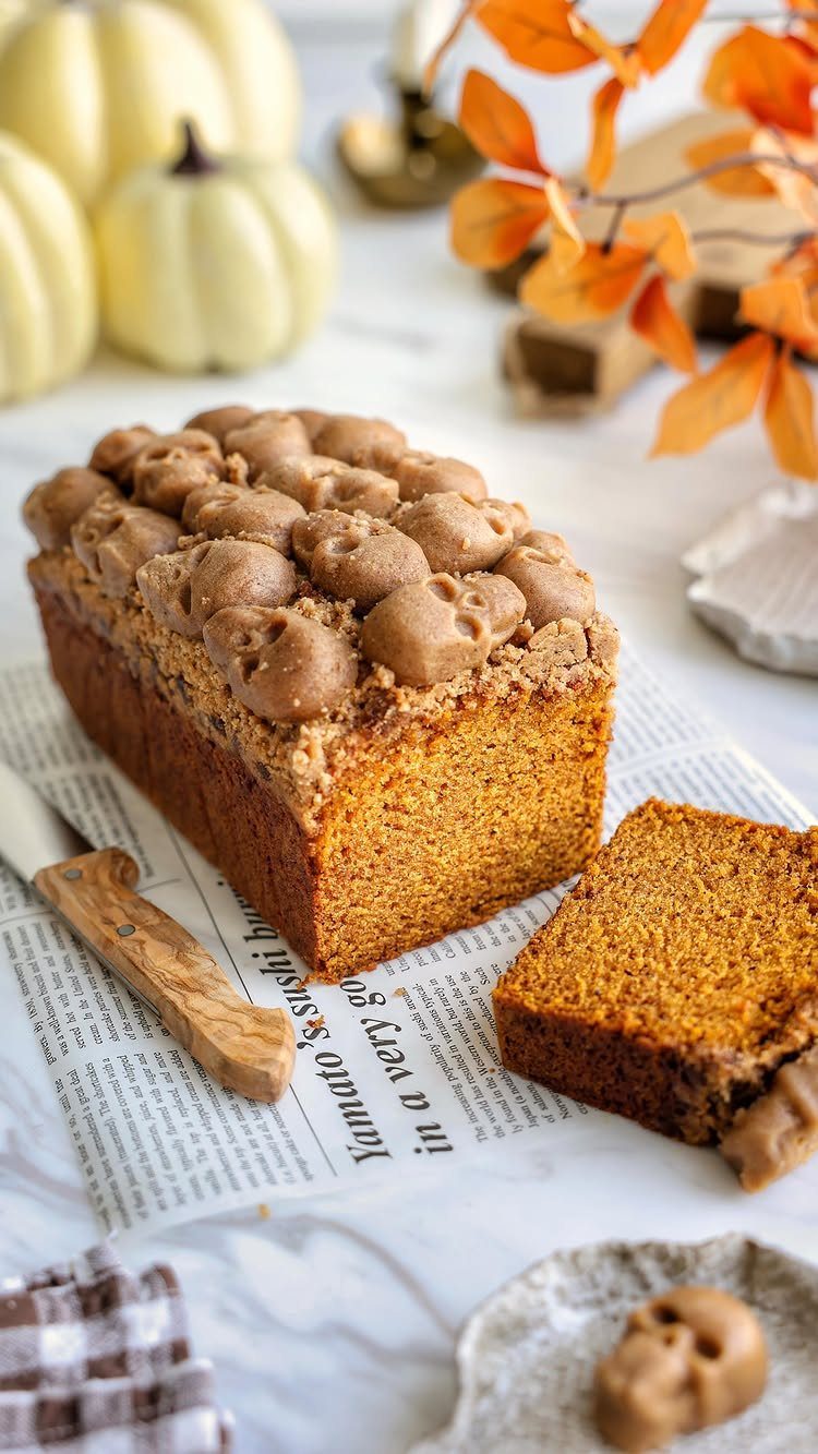 Orange pumpkin loaf cake topped with brown frosting skulls and a sliced piece.