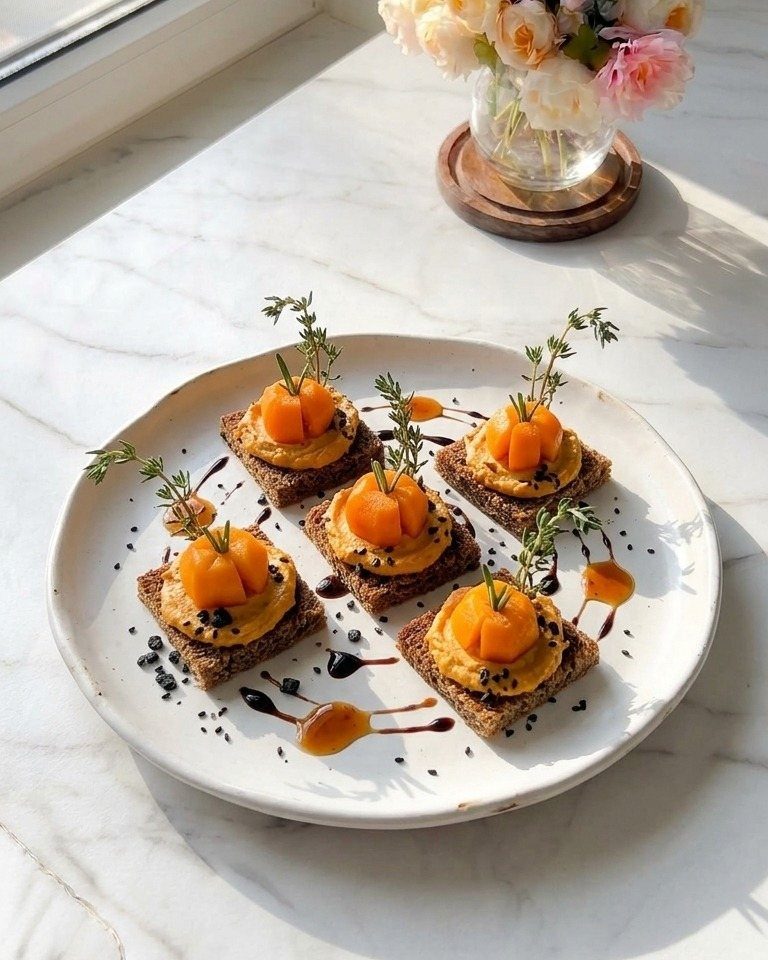 Pumpkin hummus on dark toast squares garnished with carved pumpkin and thyme sprigs.
