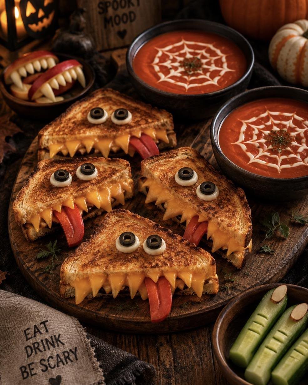 Monster grilled cheese sandwiches with tomato soup spiderwebs on a wooden platter