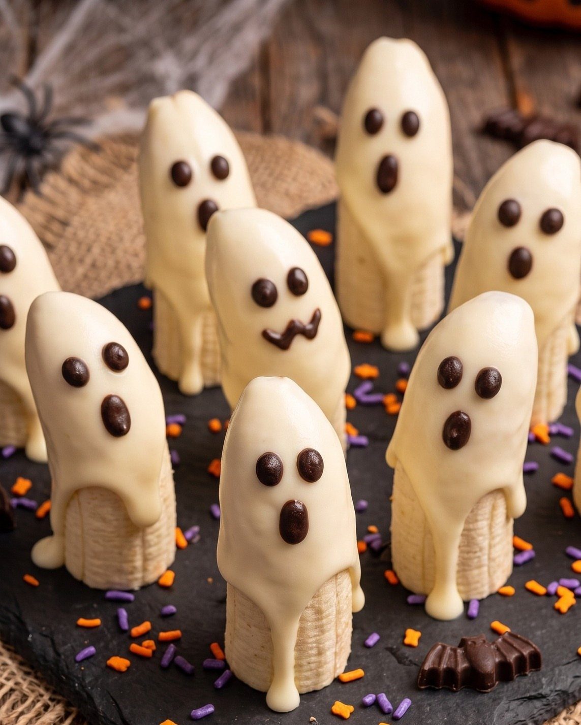 Banana ghosts coated in white chocolate with chocolate chip eyes on a platter.