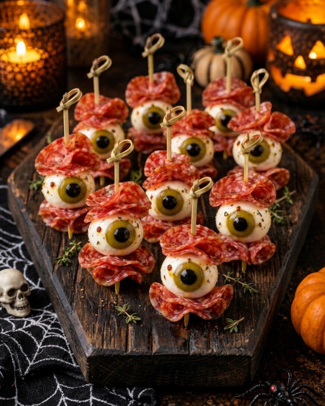 Eyeball appetizers made of mozzarella and olives on skewers with salami slices.