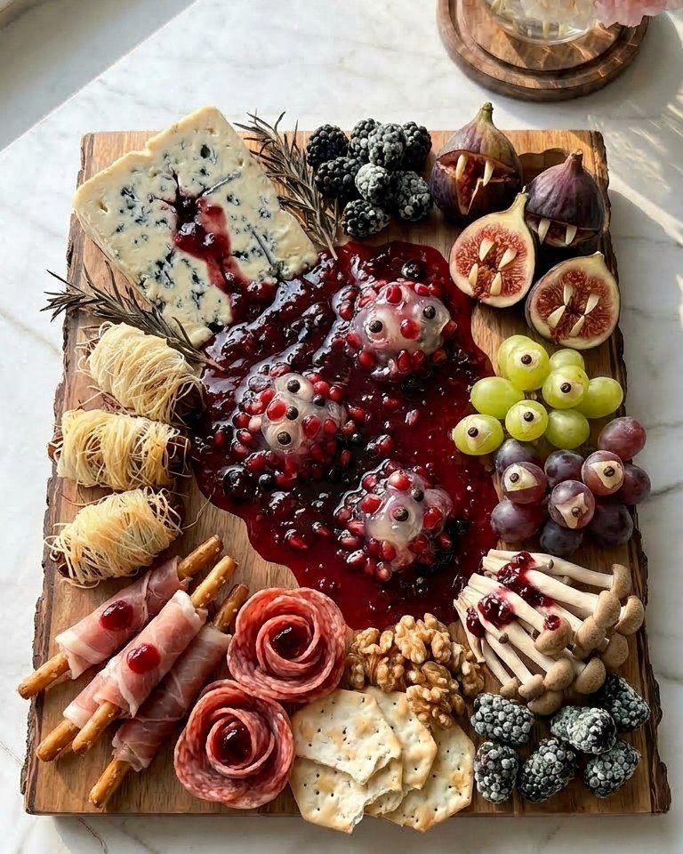 Charcuterie board with cheese, fruits, and mozzarella eyeballs in red berry jam.