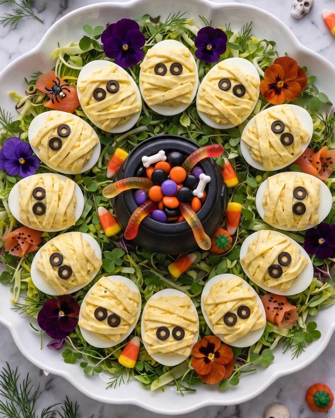 Mummy deviled eggs and a candy cauldron on a platter with greens and flowers.