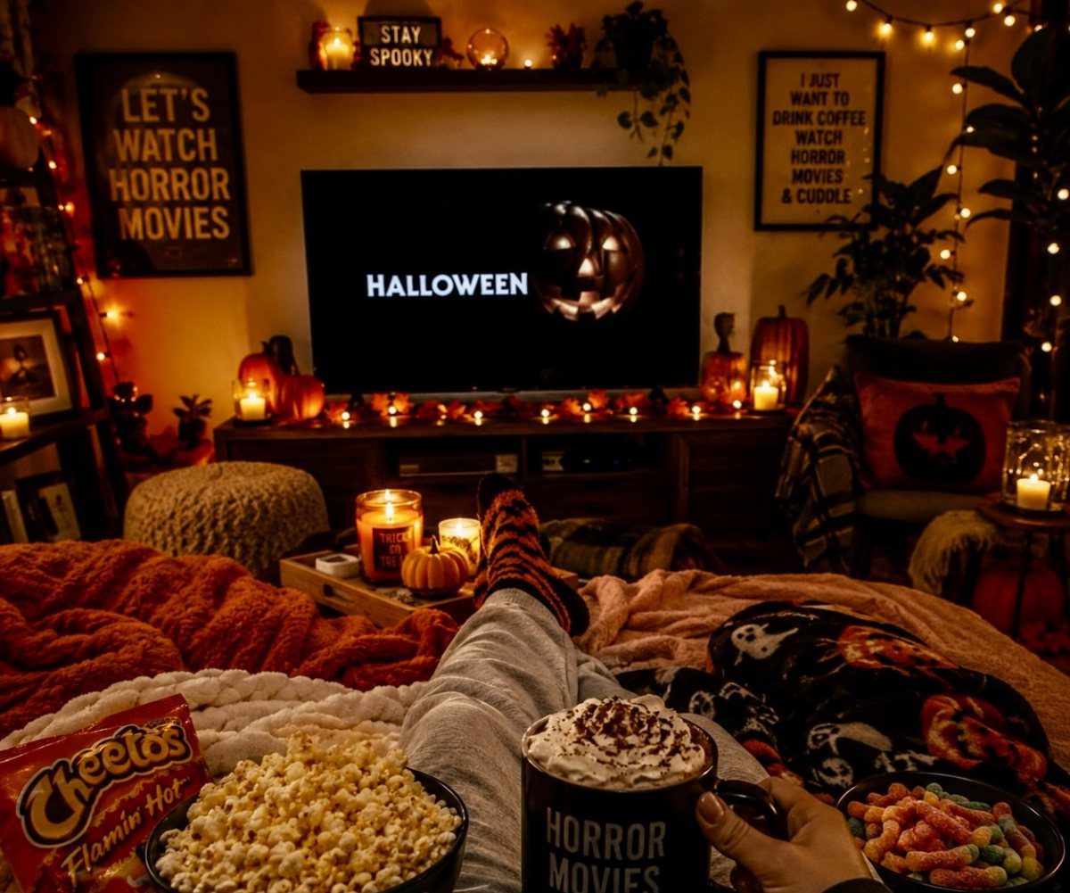 Cozy Halloween movie setup with popcorn, candy, and a mug of hot cocoa.