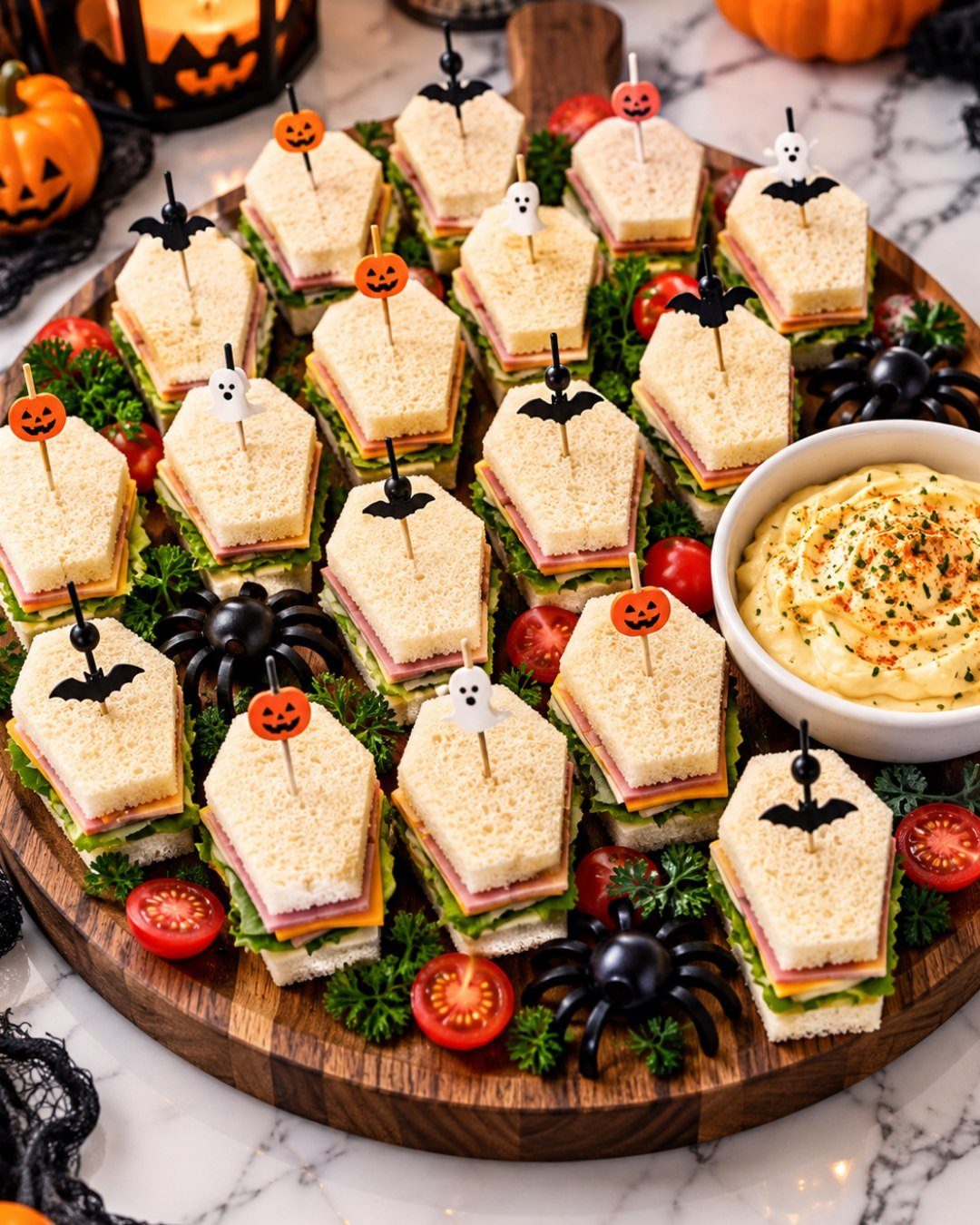 Coffin-shaped sandwiches with Halloween picks and a dip bowl on a wooden platter.