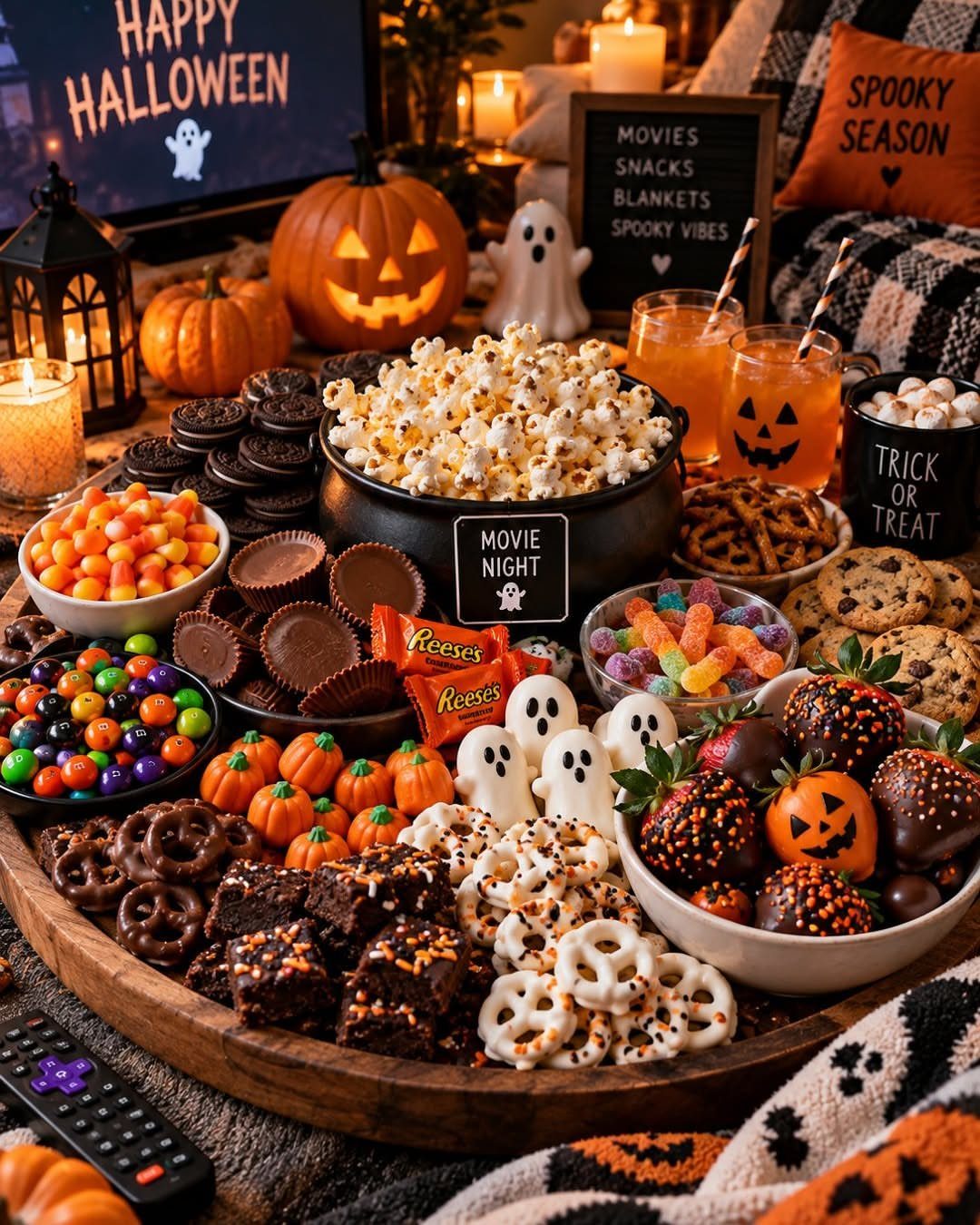 Halloween snack board with popcorn, chocolates, and ghost treats next to carved pumpkins.