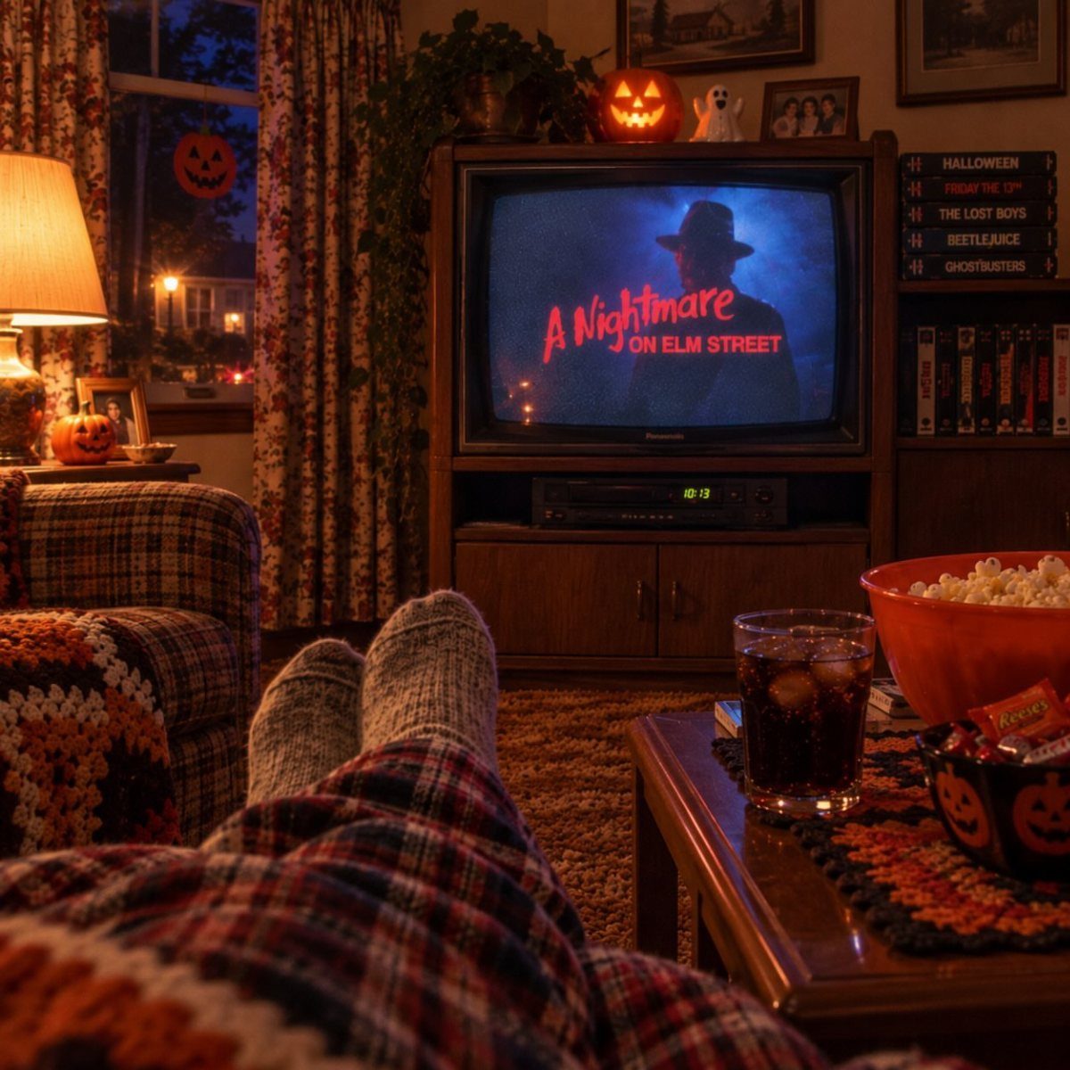Plaid pajama legs resting before a vintage TV playing a horror movie.