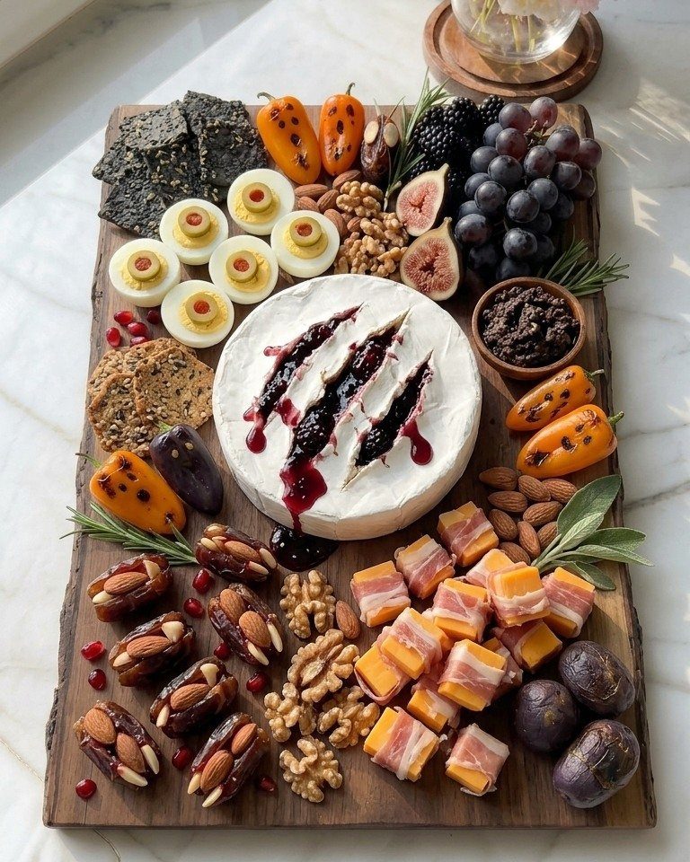 Baked brie with red jam claw marks on a festive Halloween charcuterie board