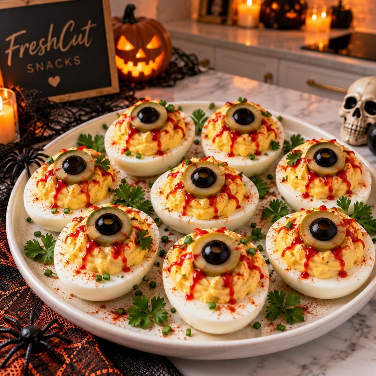 Deviled eggs decorated as spooky eyeballs on a white platter with Halloween decorations.