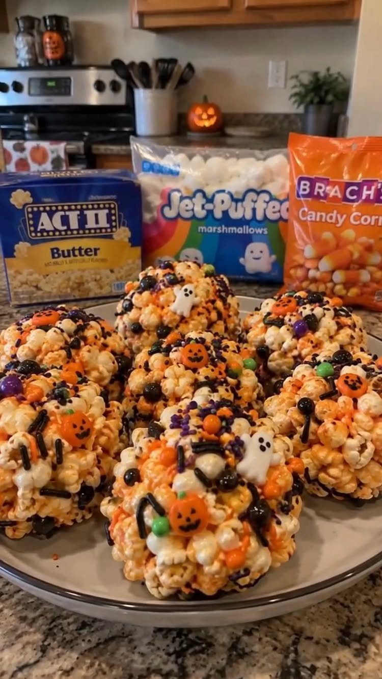 Orange and white popcorn balls with candy pumpkins and ghosts on a plate.