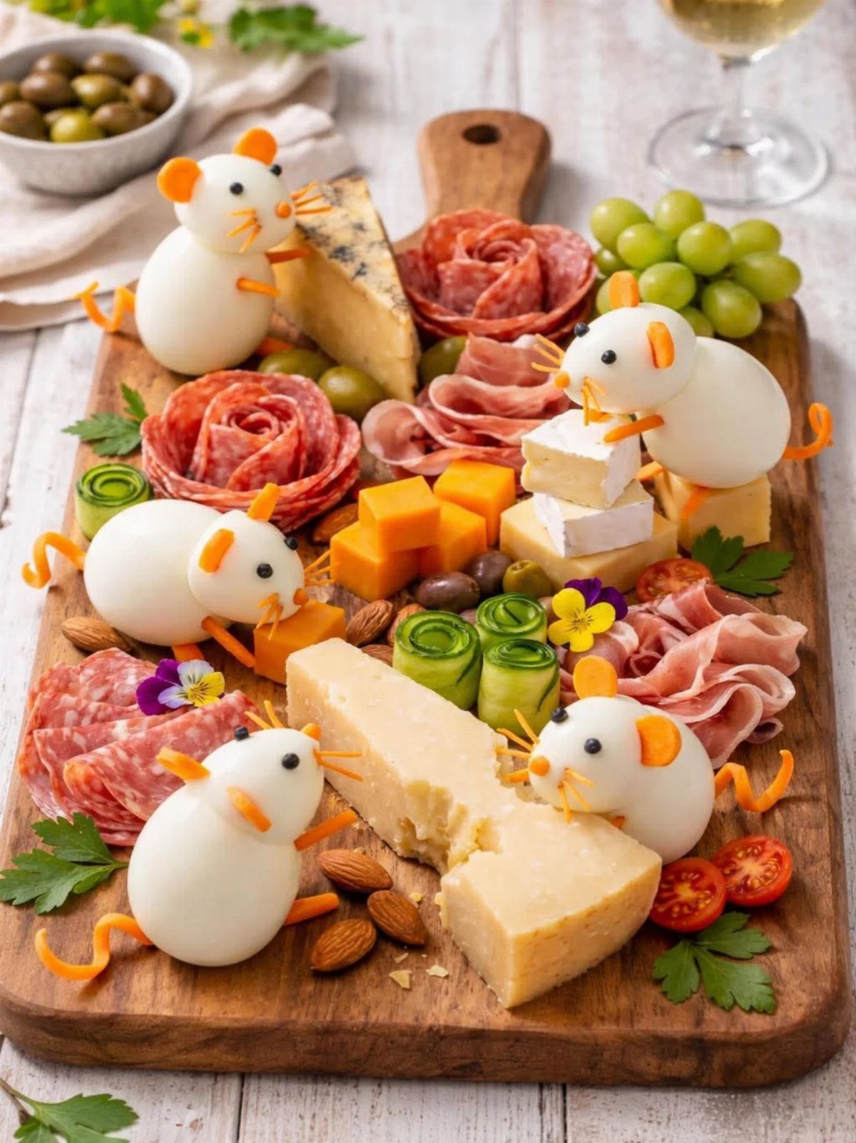 Hard-boiled egg mice on a charcuterie board with cheese, salami, and grapes.