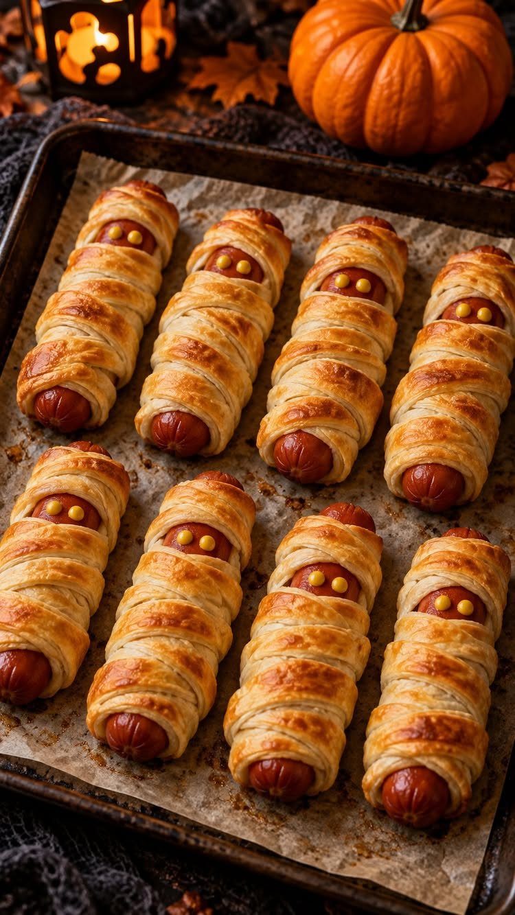 Mummy hot dogs wrapped in pastry dough on a baking sheet with a pumpkin.