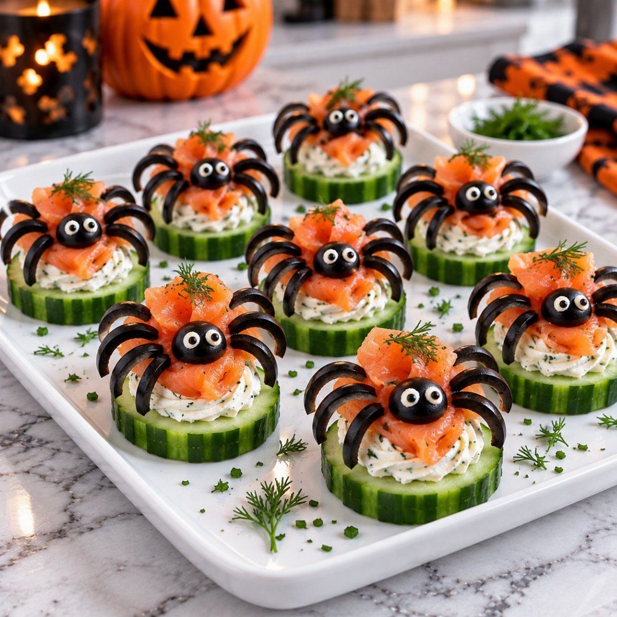 Spider-shaped appetizers with smoked salmon and cream cheese on cucumber slices.