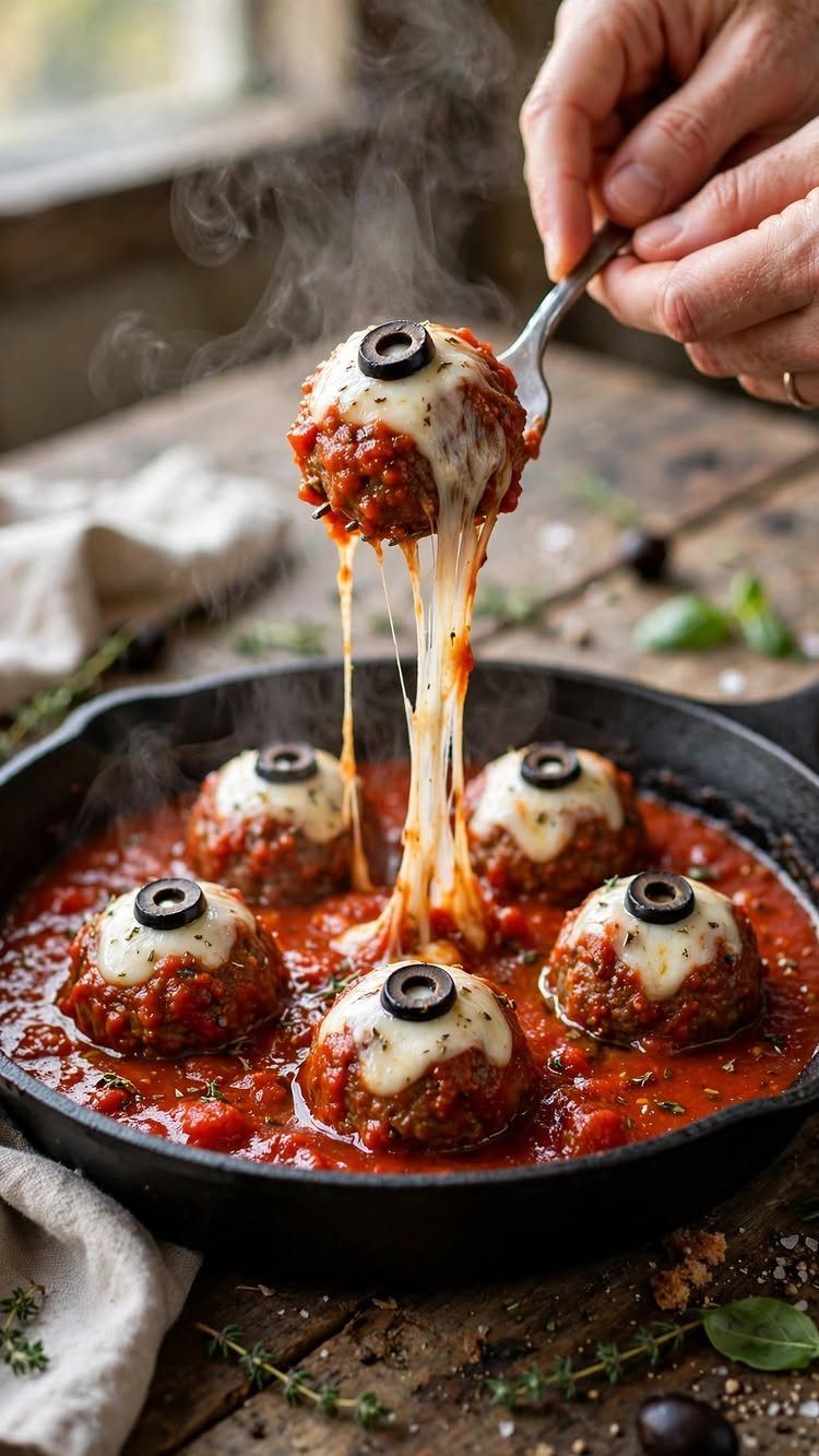Eyeball meatballs with melted cheese and olive pupils in a red sauce skillet.