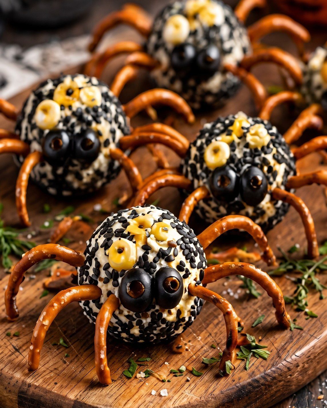 Spider cheeseballs with pretzel legs and olive eyes on a wooden board.