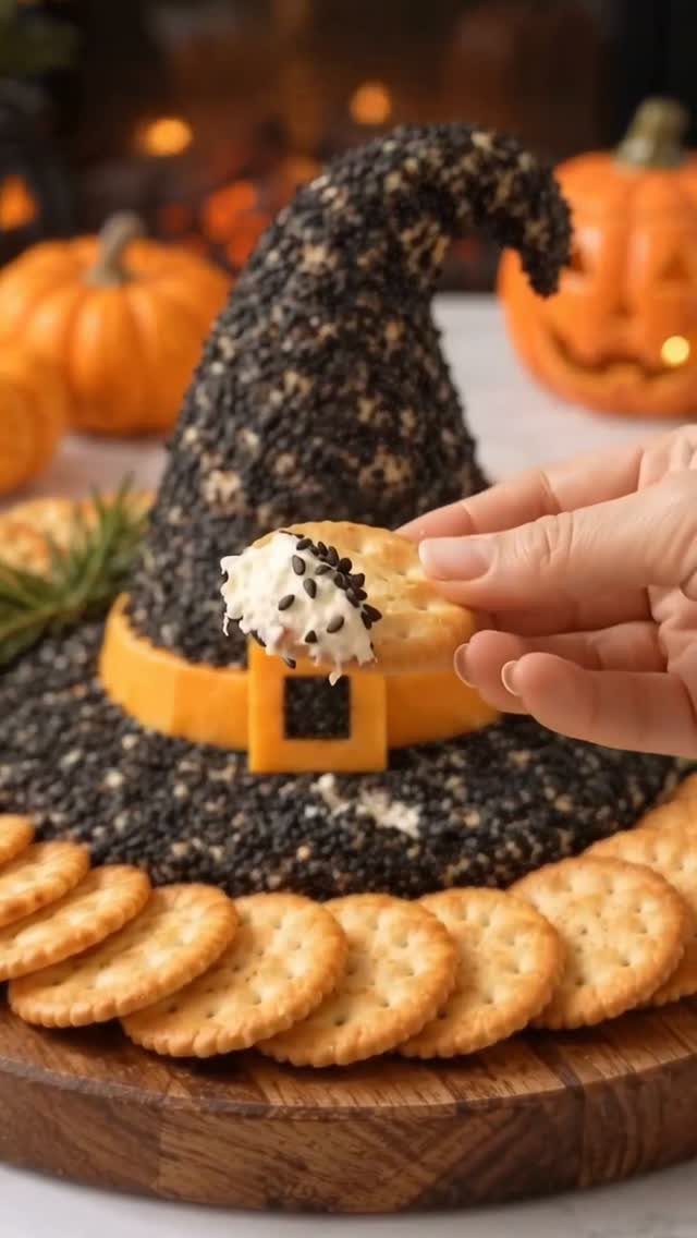 Witch's hat shaped cheese ball with black sesame seeds and crackers on wood.