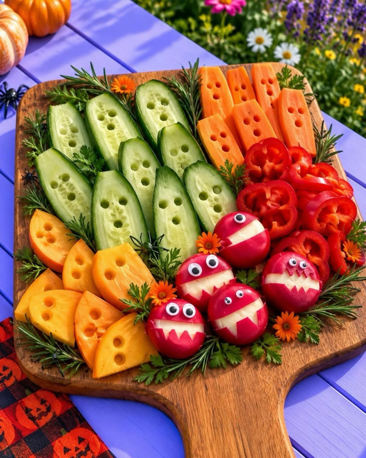Wooden platter of carved cucumber, carrot, and tomato monster vegetables for Halloween.