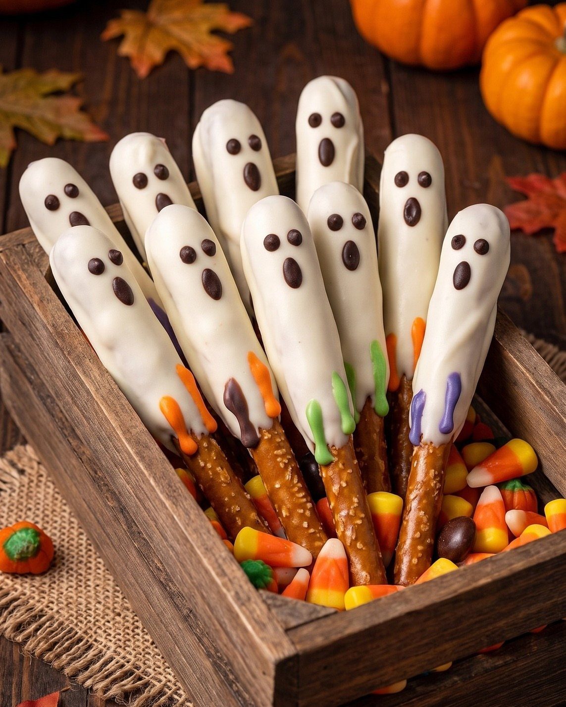 Ghost-shaped chocolate dipped pretzel rods in a wooden crate with candy corn.